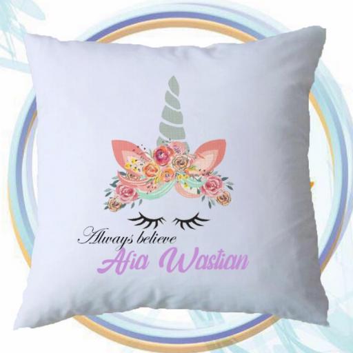 Personalised 'Always Believe' Cushion Cover with Unicorn Design – Add Name