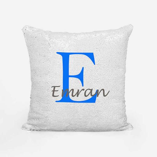 Personalised Sequin Magic Cushion For Him - Initial E and Name