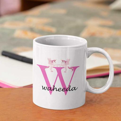 Personalised Unicorn Mug For Her- Initial W & Name