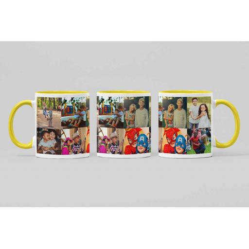 Personalised Yellow Coloured Inside White Handle Mug with 8 Photo Collage