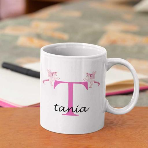 Personalised Unicorn Mug For Her- Initial T & Name