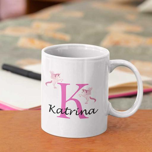 Personalised Unicorn Mug For Her- Initial K & Name