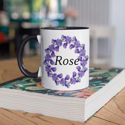 Personalised Black Coloured Inside Name Mug - Floral Wreath