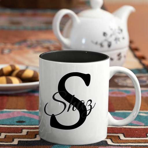 Name and Initial - Personalised Black Coloured Inside and White Handle Mug