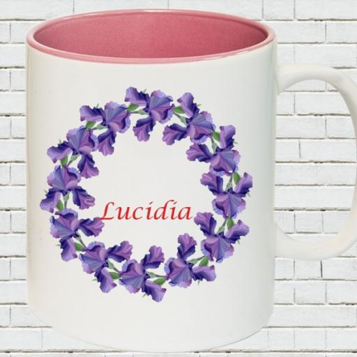 Pink Coloured Inside (White Handle) Name Mug - Purple Wreath