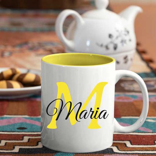 Name and Initial - Personalised Yellow Coloured Inside and White Handle Mug