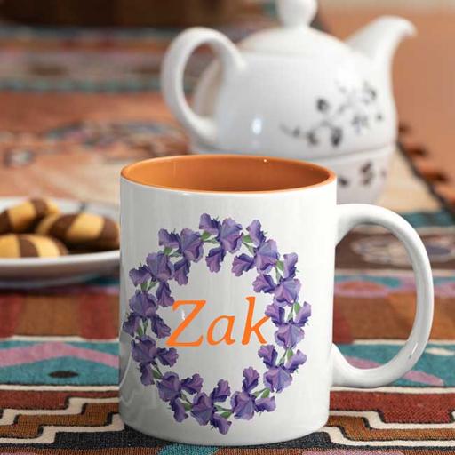 Orange Coloured Inside (White Handle) Name Mug - Purple Wreath