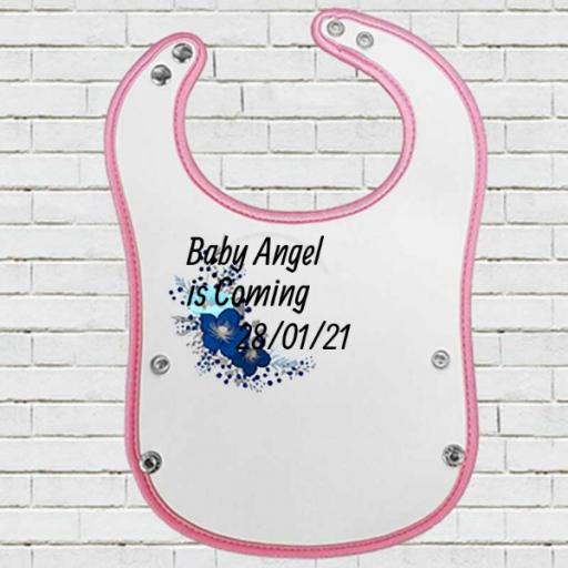 Pink Pocket Baby Bib with Blue Floral Design - Add Name