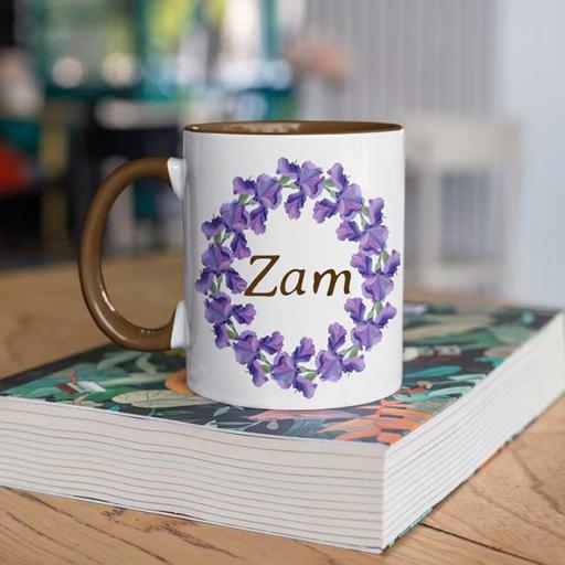 Personalised Brown Coloured Inside Name Mug - Purple Wreath