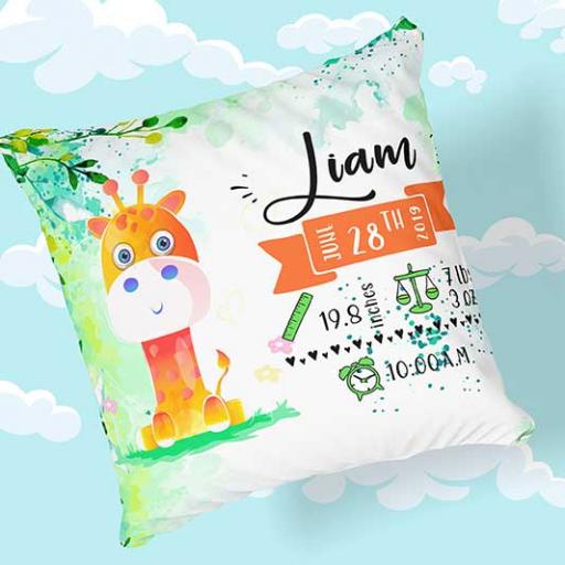 Personalised Newborn Baby Giraffe Design Cushion - Add Name, Date, Time, Weight