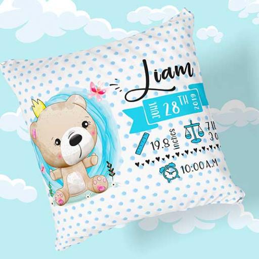 Personalised Newborn Baby Teddy Bear Cushion - Add Name, Date, Time, Weight