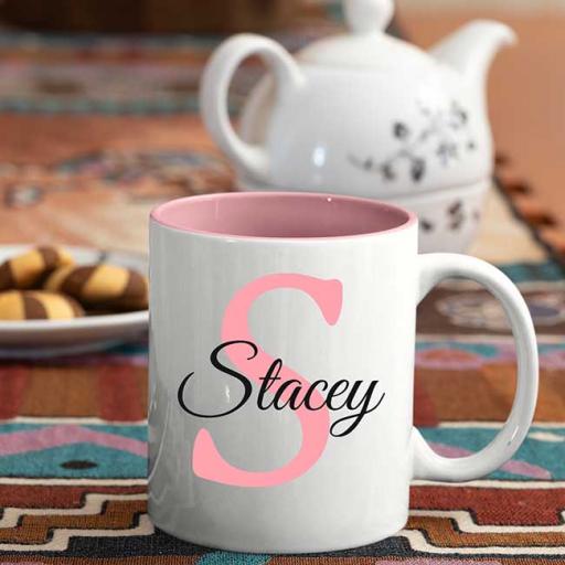 Name and Initial - Personalised Pink Coloured Inside and White Handle Mug