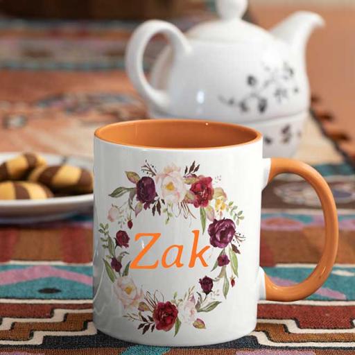 Personalised Orange Coloured Inside Name Mug - Rustic Wreath