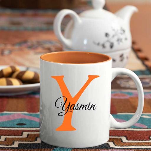 Name and Initial - Personalised Orange Coloured Inside and White Handle Mug