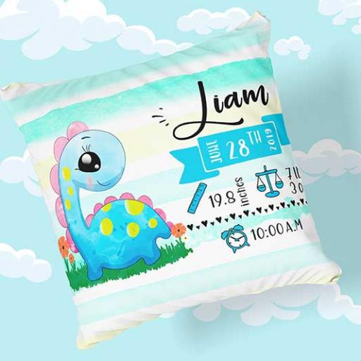 Personalised Newborn Baby Dino Design Cushion - Add Name, Date, Time, Weight