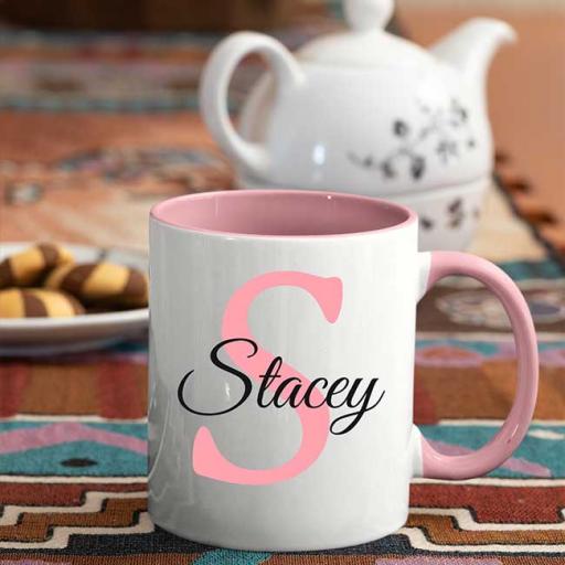 Name and Initial - Personalised Pink Coloured Inside and Handle Mug