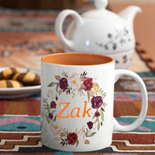 Orange Coloured Inside (White Handle) Name Mug with a Rustic Wreath Design