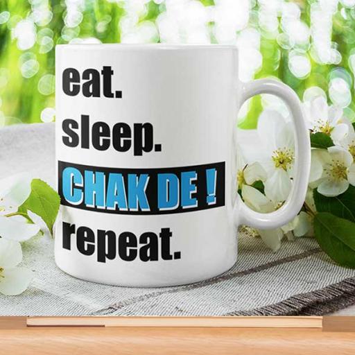 Personalised Funny Desi 'Eat Sleep CHAK DE Repeat' Mug