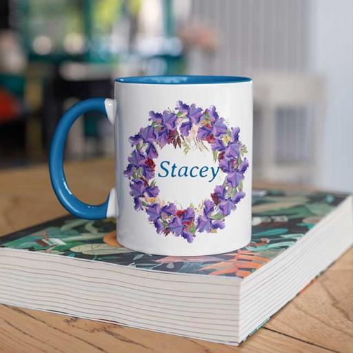 Personalised Purple Coloured Inside Name Mug - Floral Wreath