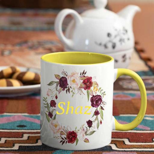 Personalised Yellow Coloured Inside Name Mug - Rustic Wreath