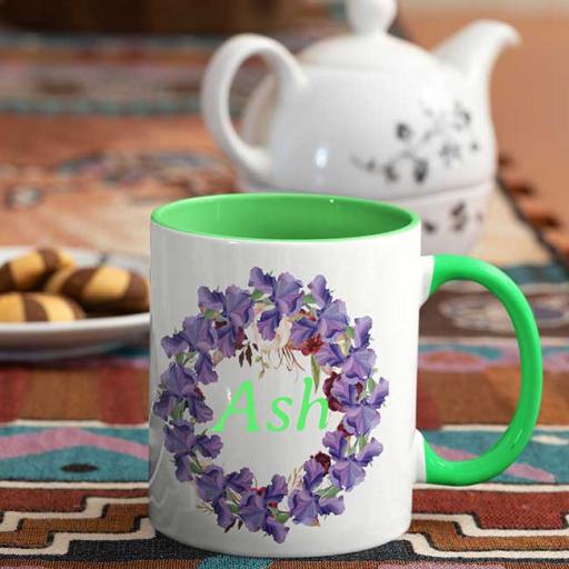 Personalised Green Coloured Inside Name Mug - Floral Wreath