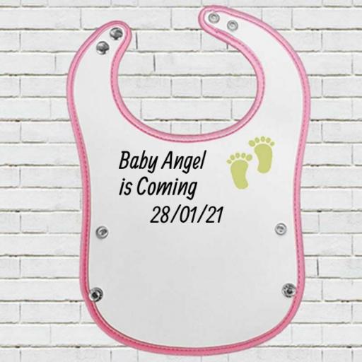 Pink Pocket Baby Bib with 'Angel is Coming' Design - Add Date