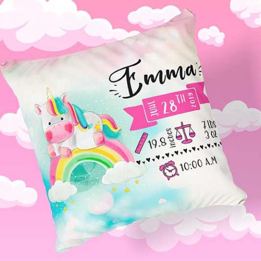 Personalised Newborn Baby Unicorn Design Cushion - Add Name, Date, Time, Weight