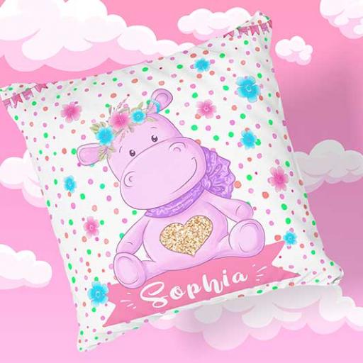 Personalised Newborn Baby Hippo Design Cushion - Add Name, Date, Time, Weight