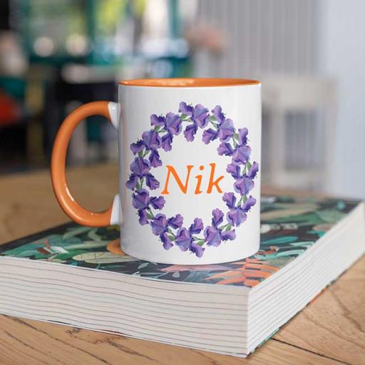 Personalised Orange Coloured Inside Name Mug - Purple Wreath