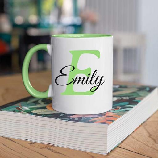 Name and Initial - Personalised Green Coloured Inside and Handle Mug