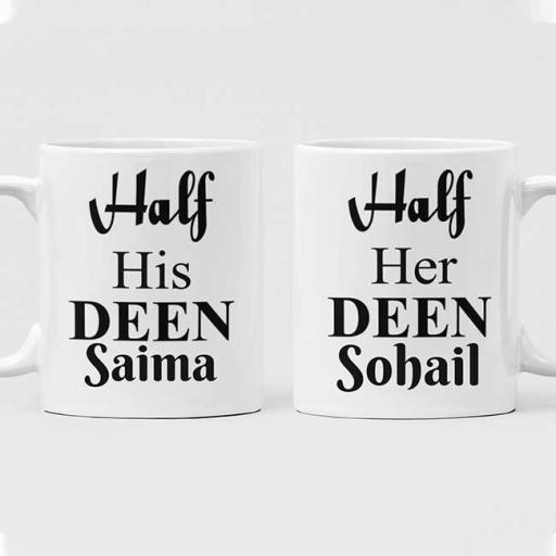 Mr and Mrs Personalised Couple Mugs - Half His/Her Deen - Add Names