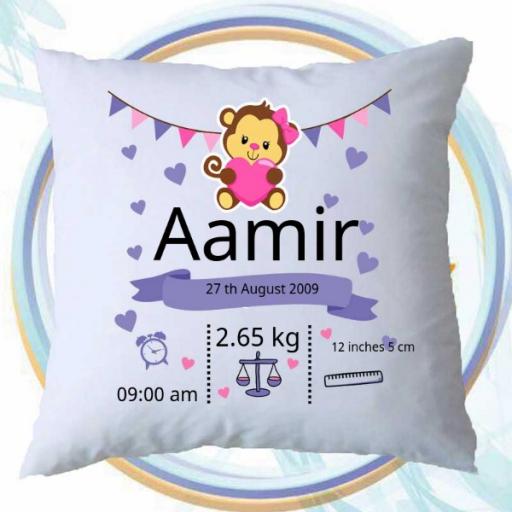 Personalised Newborn Baby Monkey Cushion - Add Name, Date, Time, Weight