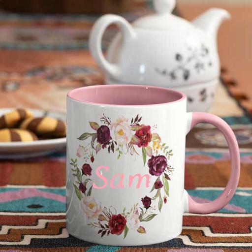 Personalised Pink Coloured Inside Name Mug - Rustic Wreath