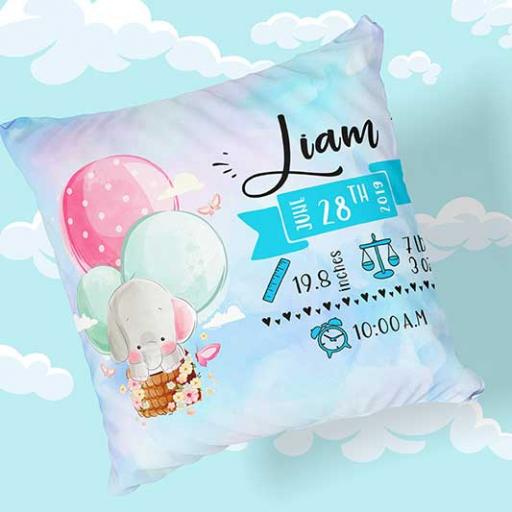 Personalised Newborn Baby Elephant (Hot Air Balloon) Cushion - Add Name, Date, Time, Weight