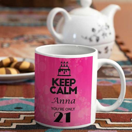 Keep Calm You are Only (AGE) - Personalised Birthday Mug - Pink Bubbles