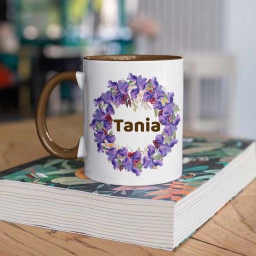 Personalised Brown Coloured Inside Name Mug - Floral Wreath