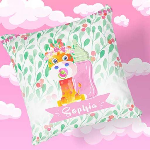 Personalised Newborn Baby Giraffe Cushion Gift - Add Name, Date