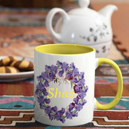 Personalised Yellow Coloured Inside Name Mug - Floral Wreath