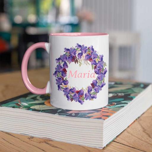 Pink Coloured Inside (White Handle) Name Mug - Floral Wreath