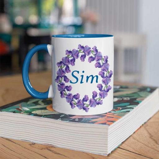 Personalised Sky Blue Coloured Inside Name Mug - Purple Wreath