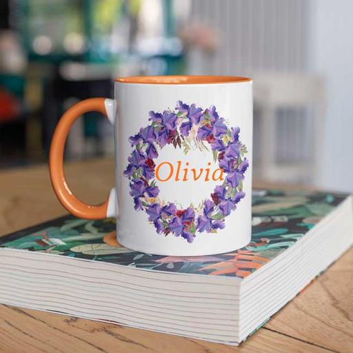 Personalised Orange Coloured Inside Name Mug - Floral Wreath