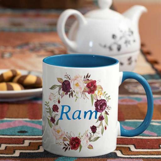 Personalised Sky Blue Coloured Inside Name Mug - Rustic Wreath