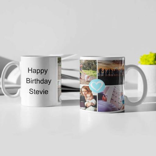 Photo Collage Personalised Mug with Blue Heart - Add Photos & Text