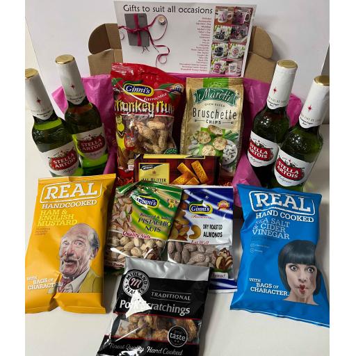 Stella Beer Bottles and Snacks Hamper with Personalised Christmas Card