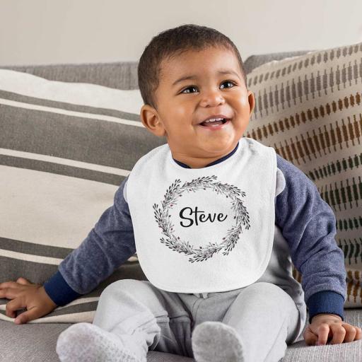 Personalised Pocket Bib with a Grey Wreath Design - Add Name