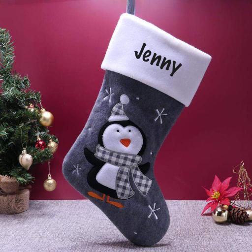 Personalised Plush Charcoal Penguin Christmas Stocking