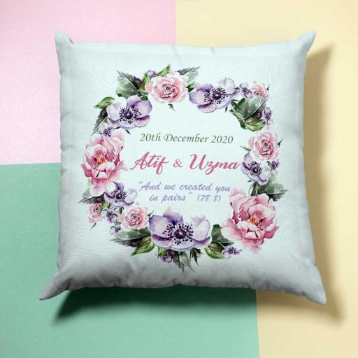 Personalised Pink & Purple Wreath Cushion - Add Names/Dates