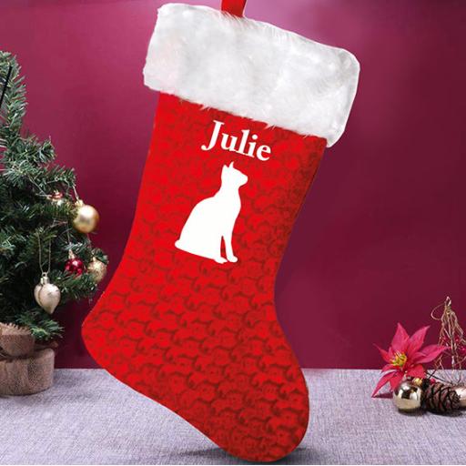 Deluxe Red Velvet Personalised Christmas Stocking for Cat Lovers