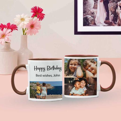 Personalised Brown Coloured Inside Mug with 3 Photos and Text