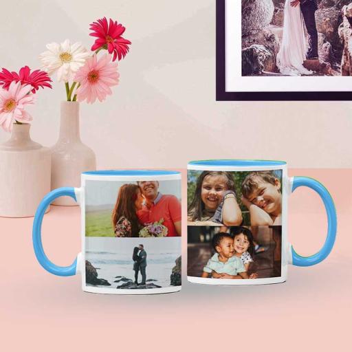 Personalised Sky Blue Coloured Inside Mug with 4 Photo Collage